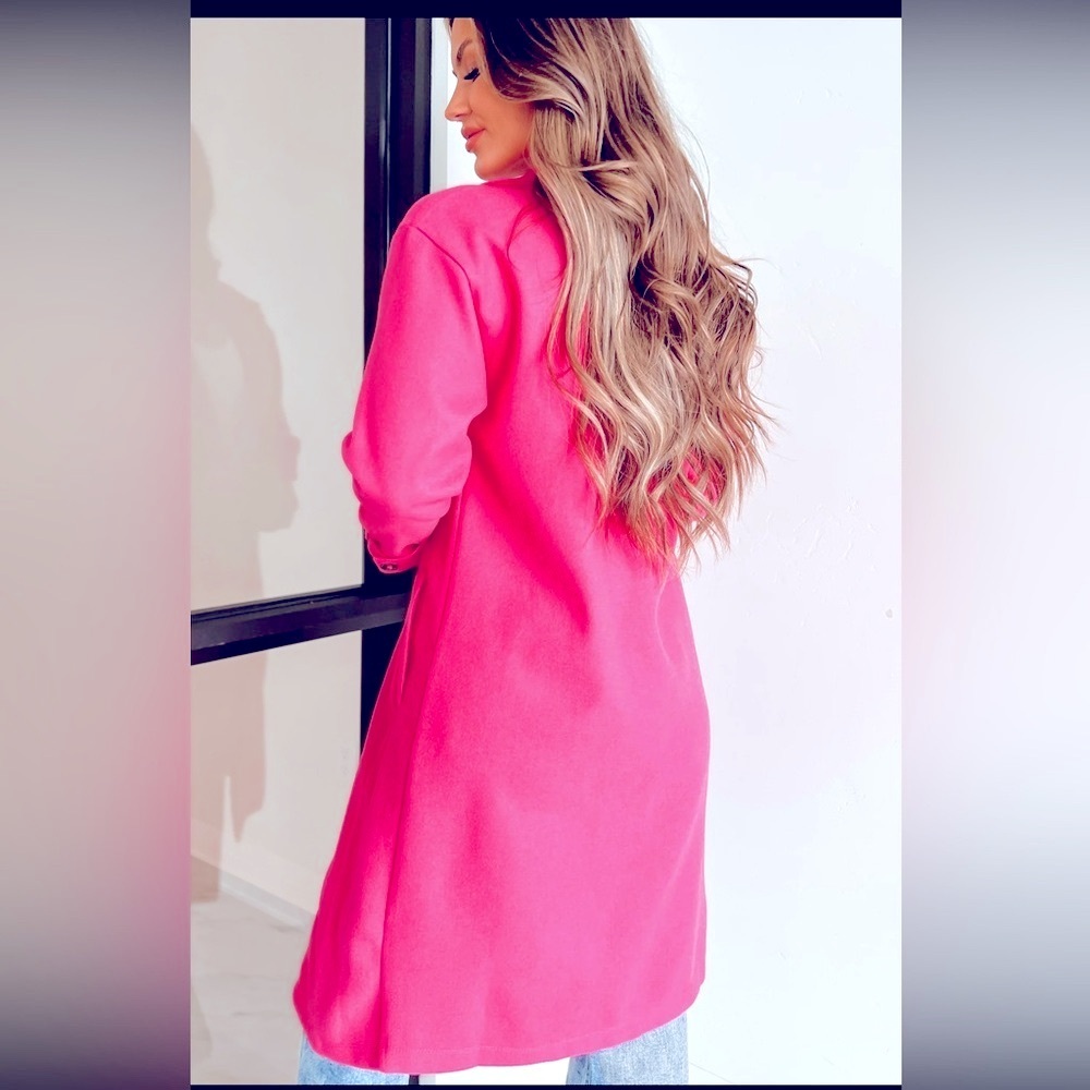 Haute Monde Longline Coat Size Large Hot Pink Side Pockets Single Button Closure - Picture 5 of 13